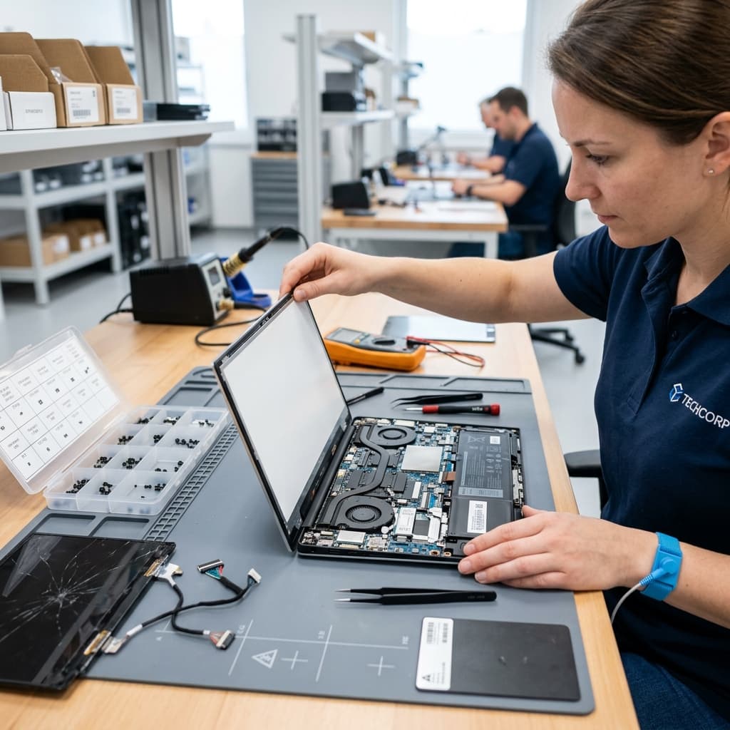 Technician repairing laptop screen