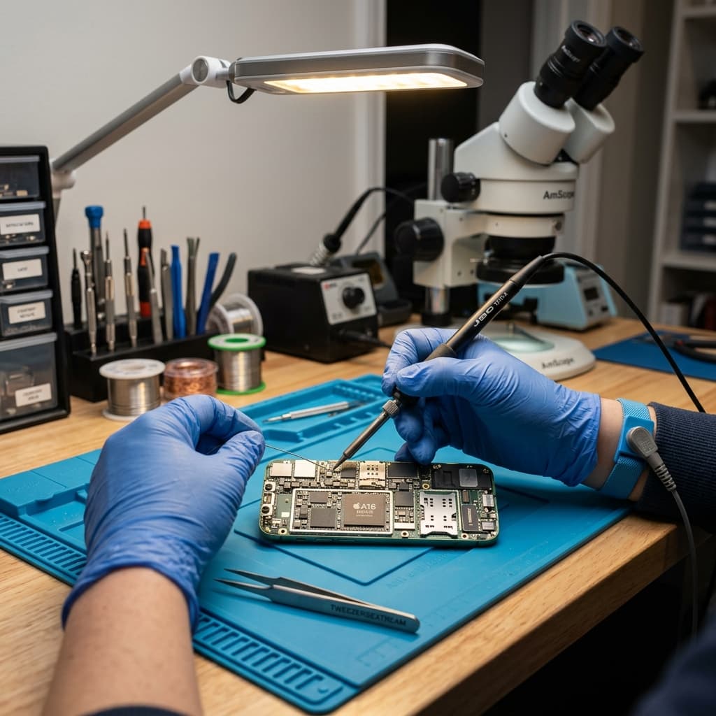Technician repairing mobile motherboard